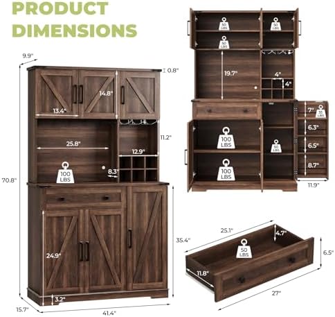 71" Pantry Cabinet, Kitchen Pantry Storage Cabinet with Outlet & LED Light, Farmhouse Kitchen