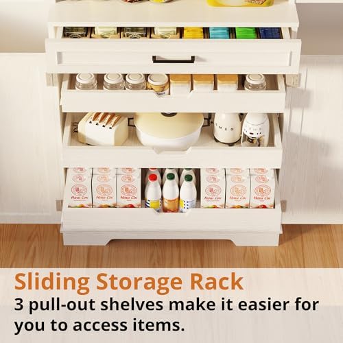 Farmhouse Kitchen Pantry Cabinet, 72" Height Tall Freestanding Cupboard with Sliding Storage Rack
