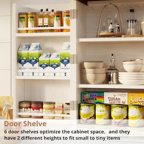 Farmhouse Kitchen Pantry Cabinet, 72" Height Tall Freestanding Cupboard with Sliding Storage Rack