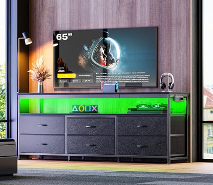 63" Black LED TV Stand with Power Outlets – Long Dresser Entertainment Center