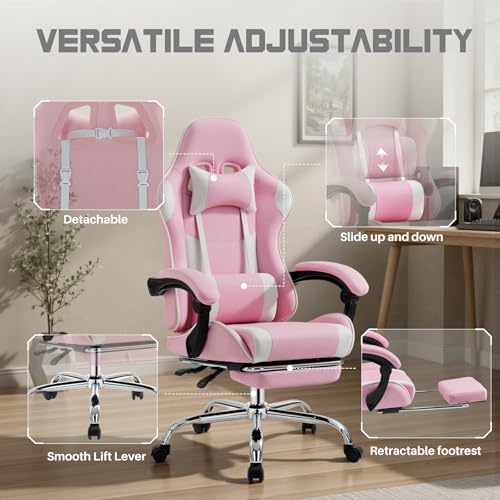 White Pink Gaming Chair with Footrest & Headrest, PU Leather Reclining Office Chair