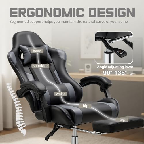 White Pink Gaming Chair with Footrest & Headrest, PU Leather Reclining Office Chair