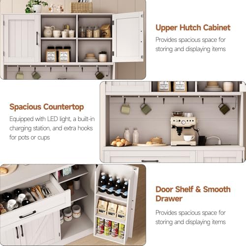 71" Pantry Cabinet, Kitchen Pantry Storage Cabinet with LED Light & Outlet, Kitchen Hutch