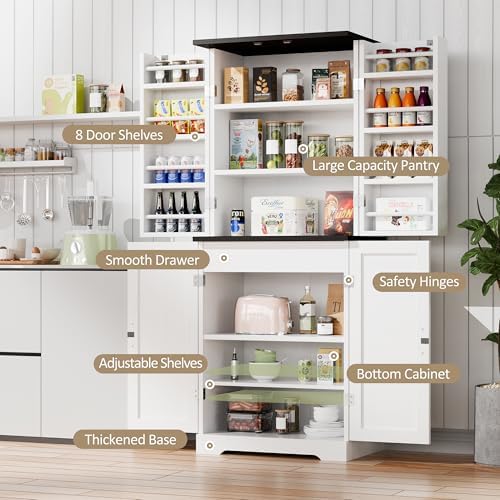 Kitchen Pantry Storage Cabinet with Barn Doors, Drawer and Adjustable Shelves,