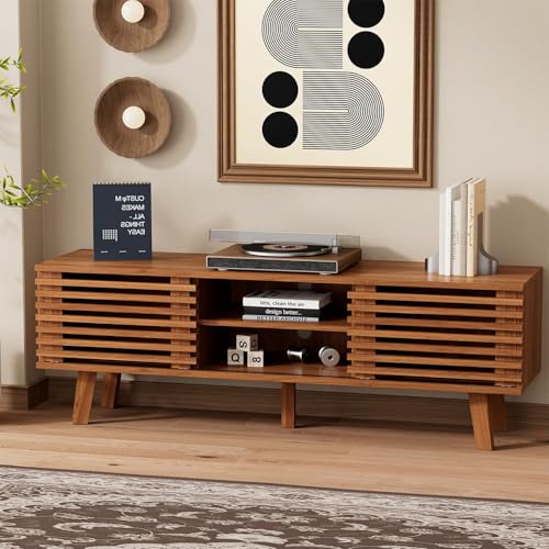 Modern Boho TV Stand for 55–65 Inch TVs – Entertainment Center with Sliding Doors & Storage
