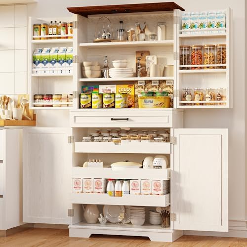 Farmhouse Kitchen Pantry Cabinet, 72" Height Tall Freestanding Cupboard with Sliding Storage Rack