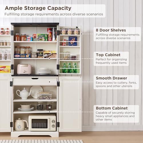 72" Tall Kitchen Pantry, Farmhouse Storage Cabinet with Barn Doors, Organizer, Drawer