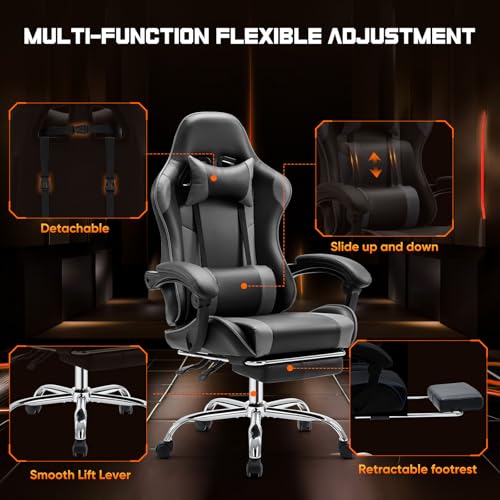 White Pink Gaming Chair with Footrest & Headrest, PU Leather Reclining Office Chair