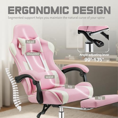 White Pink Gaming Chair with Footrest & Headrest, PU Leather Reclining Office Chair