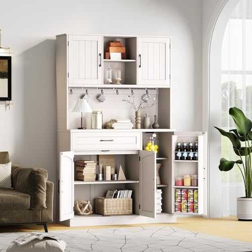 71" Pantry Cabinet, Kitchen Pantry Storage Cabinet with LED Light & Outlet, Kitchen Hutch