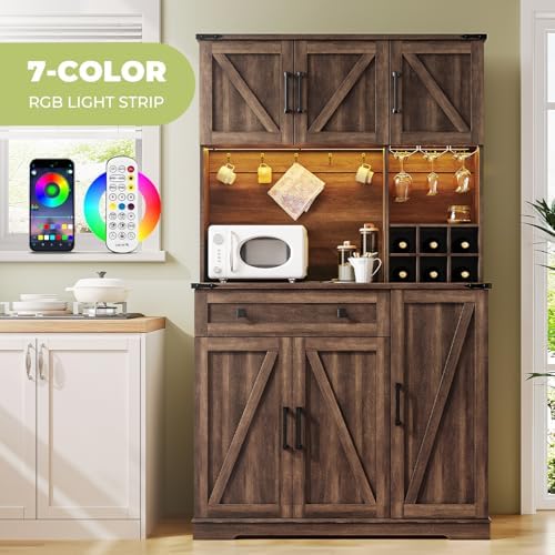 71" Pantry Cabinet, Kitchen Pantry Storage Cabinet with Outlet & LED Light, Farmhouse Kitchen