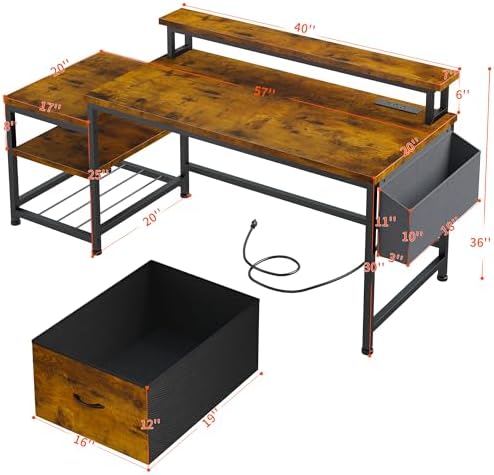 57" Office Desk with Drawers and Printer Space,Computer Desk with Power Outlets
