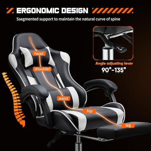 White Pink Gaming Chair with Footrest & Headrest, PU Leather Reclining Office Chair