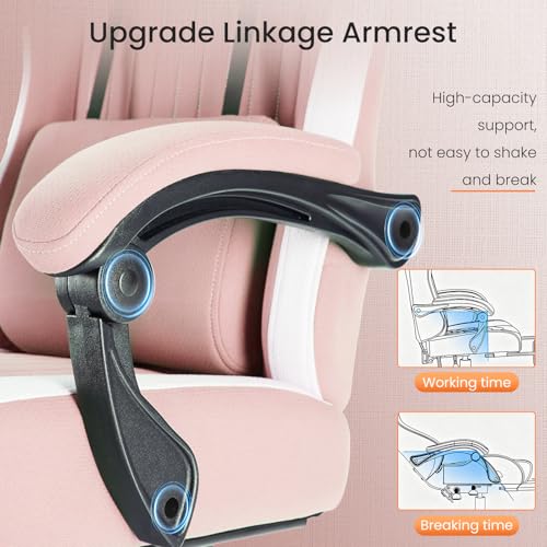 White Pink Gaming Chair with Footrest & Headrest, PU Leather Reclining Office Chair