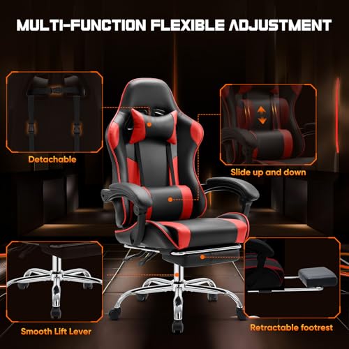 White Pink Gaming Chair with Footrest & Headrest, PU Leather Reclining Office Chair