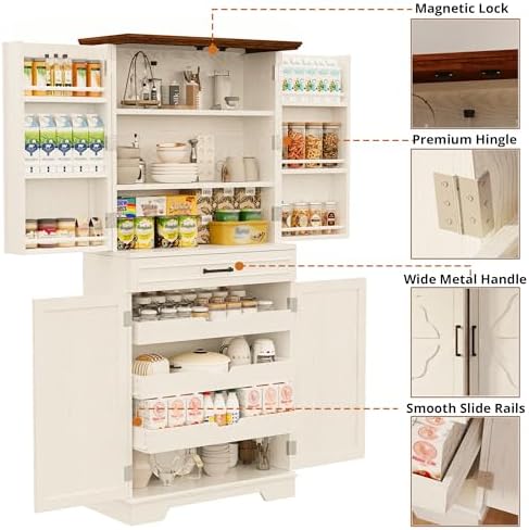 Farmhouse Kitchen Pantry Cabinet, 72" Height Tall Freestanding Cupboard with Sliding Storage Rack