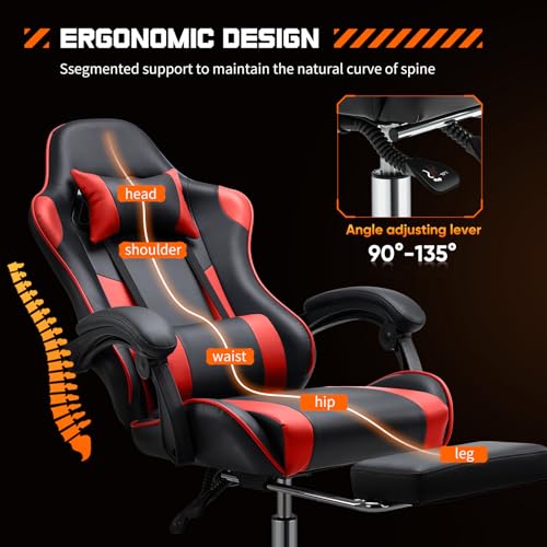White Pink Gaming Chair with Footrest & Headrest, PU Leather Reclining Office Chair