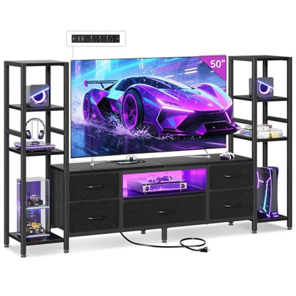 Black TV Stand with LED Lights & Power Outlets, 5 Drawer Entertainment Center for 40–50 Inch TVs