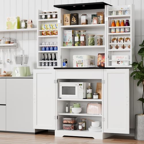 Kitchen Pantry Storage Cabinet with Barn Doors, Drawer and Adjustable Shelves,