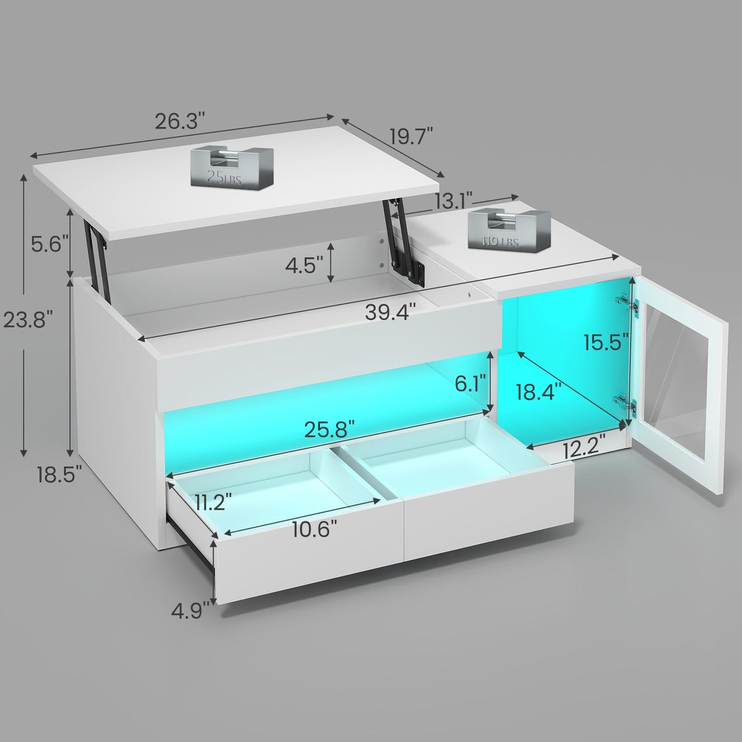 39.4" Lift Top Coffee Table with 2 Drawers, Modern LED Coffee Tables for Living Room