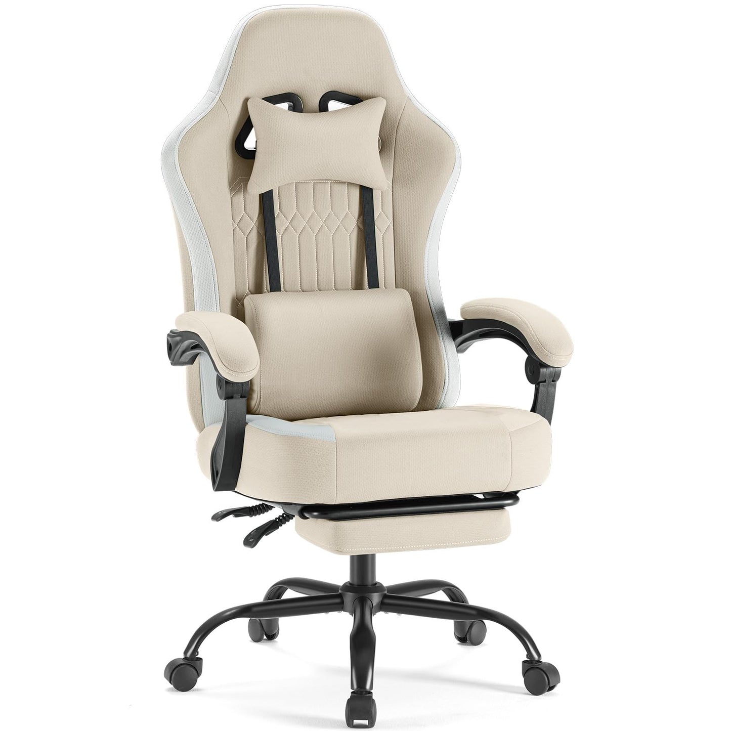 White Pink Gaming Chair with Footrest & Headrest, PU Leather Reclining Office Chair