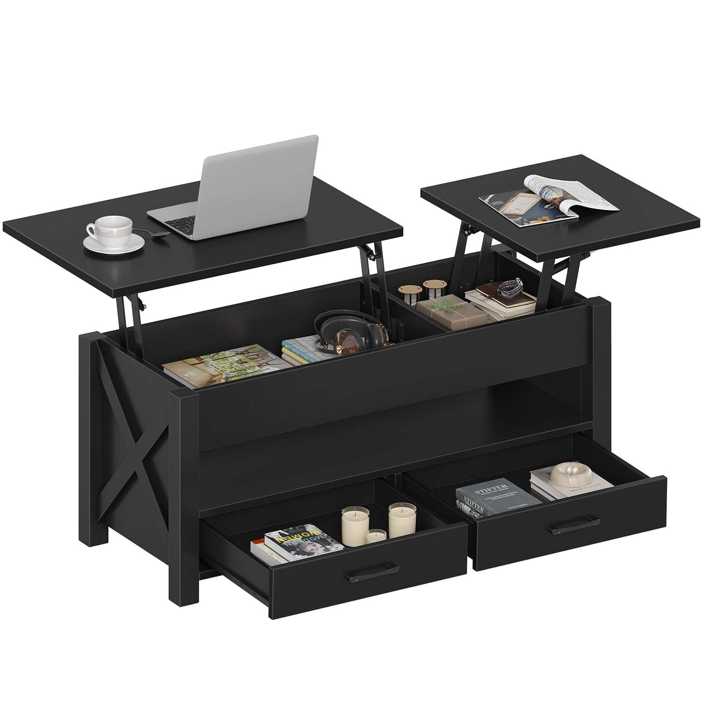 47.2" Black Lift Top Coffee Table – Farmhouse X-Frame Center Table with Hidden Storage & 2 Drawers