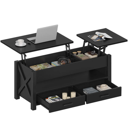 47.2" Black Lift Top Coffee Table – Farmhouse X-Frame Center Table with Hidden Storage & 2 Drawers