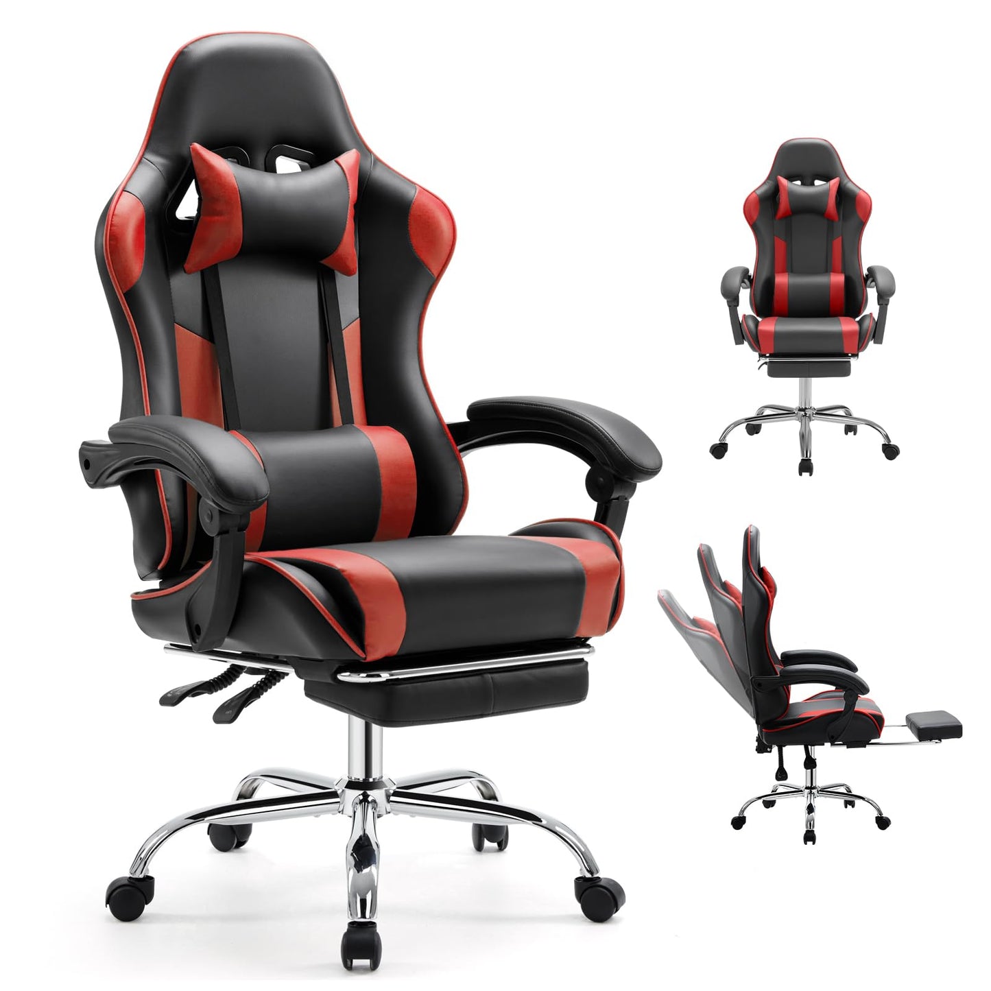 White Pink Gaming Chair with Footrest & Headrest, PU Leather Reclining Office Chair