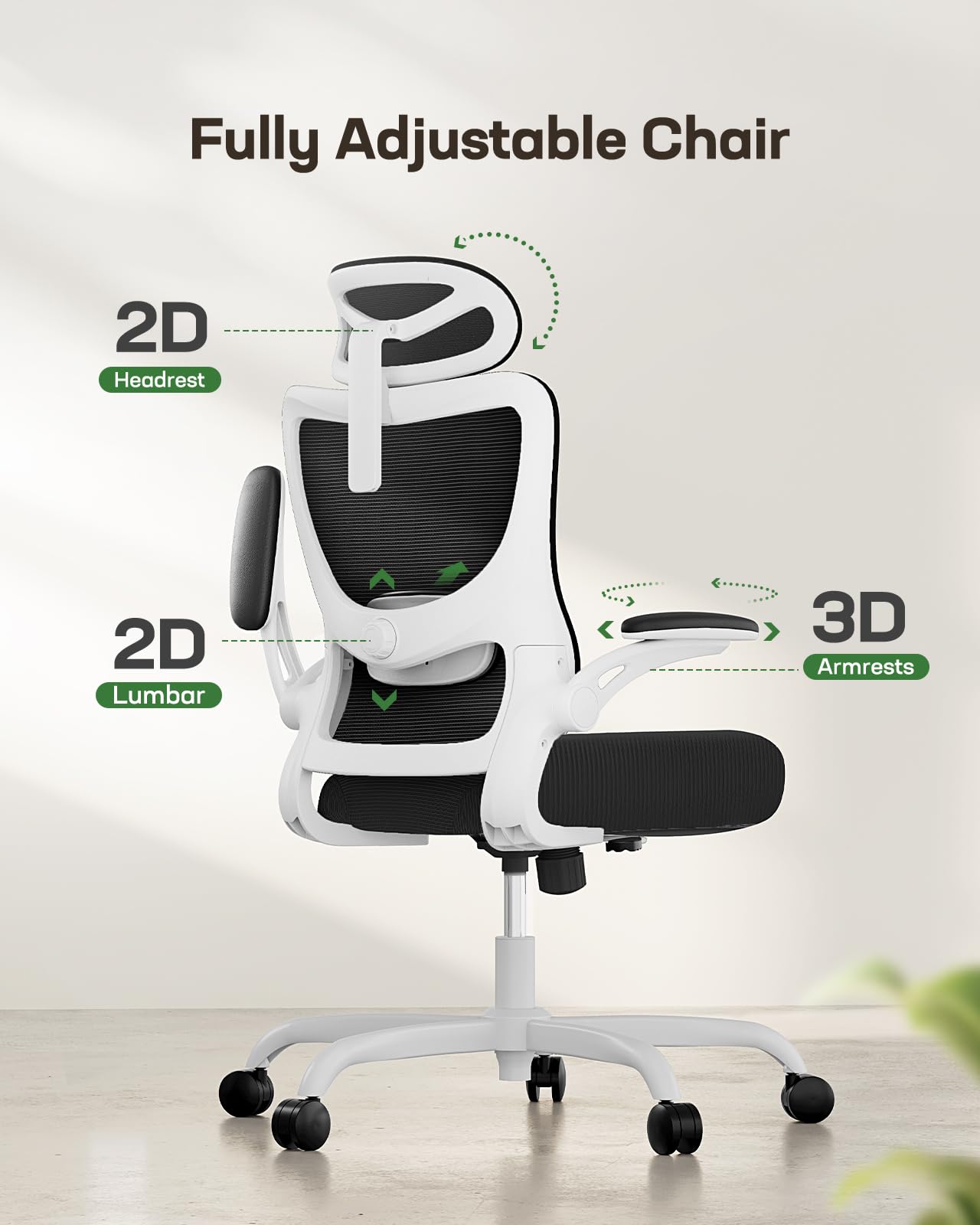 Ergonomic Office Chair with Mesh Back, Adjustable Lumbar Support, 3D Armrests & Headrest,