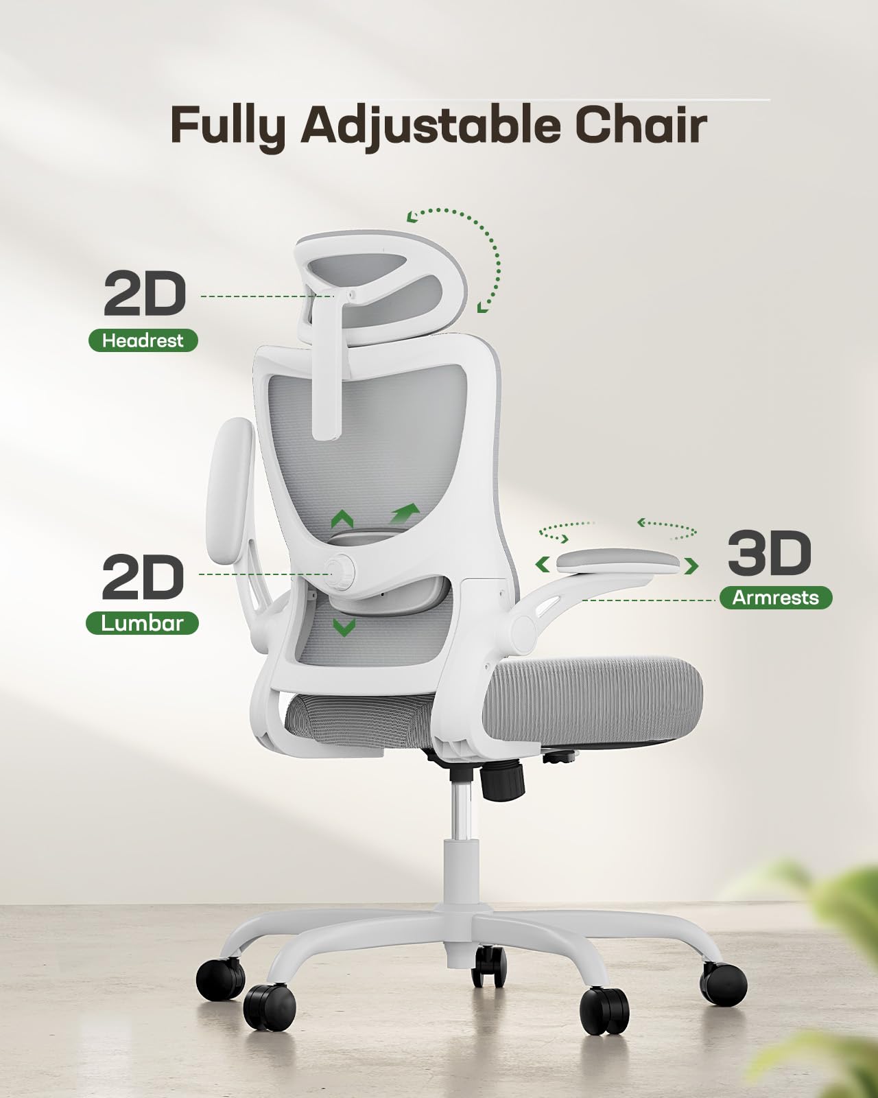 Ergonomic Office Chair with Mesh Back, Adjustable Lumbar Support, 3D Armrests & Headrest,