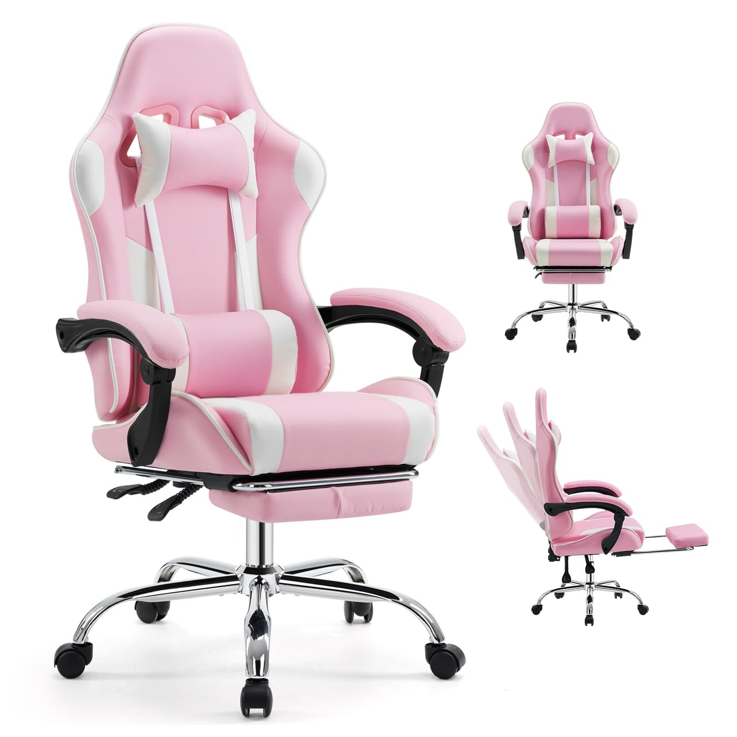 White Pink Gaming Chair with Footrest & Headrest, PU Leather Reclining Office Chair