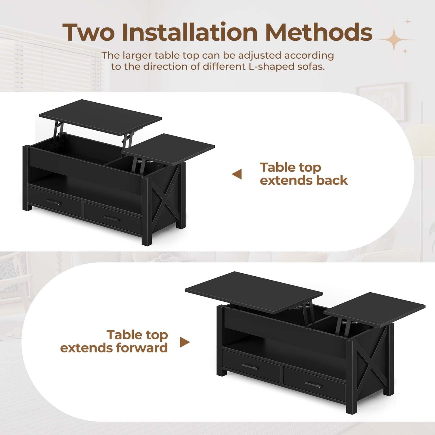 47.2" Black Lift Top Coffee Table – Farmhouse X-Frame Center Table with Hidden Storage & 2 Drawers