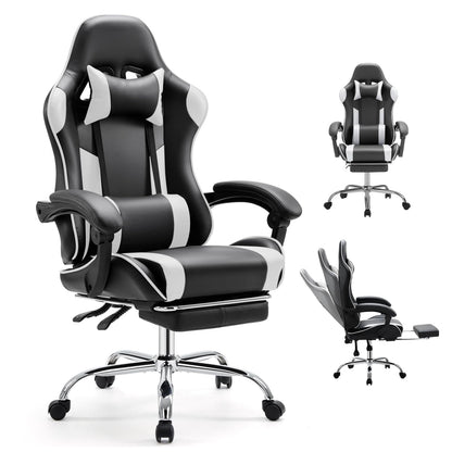 White Pink Gaming Chair with Footrest & Headrest, PU Leather Reclining Office Chair