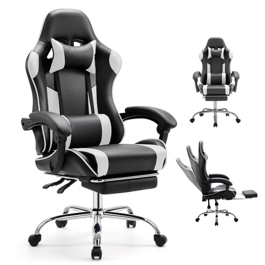 White Pink Gaming Chair with Footrest & Headrest, PU Leather Reclining Office Chair