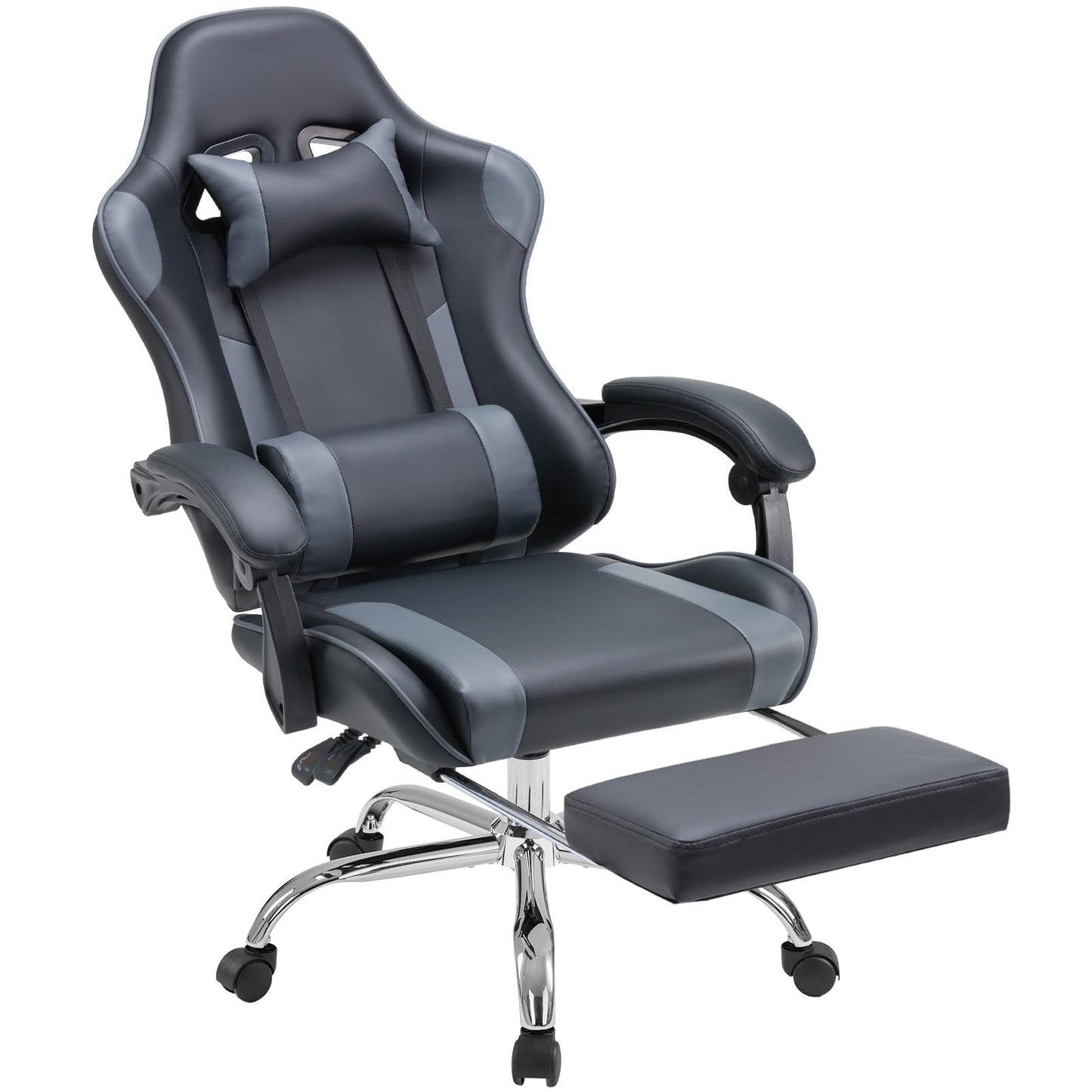 White Pink Gaming Chair with Footrest & Headrest, PU Leather Reclining Office Chair