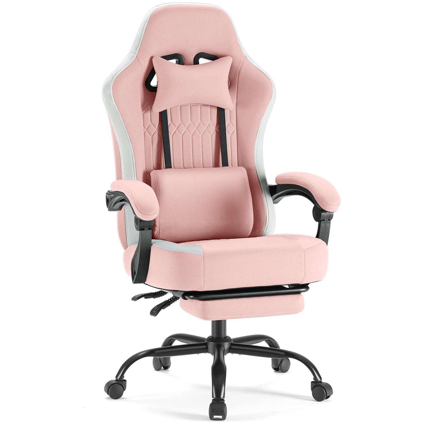 White Pink Gaming Chair with Footrest & Headrest, PU Leather Reclining Office Chair