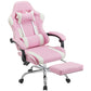 White Pink Gaming Chair with Footrest & Headrest, PU Leather Reclining Office Chair