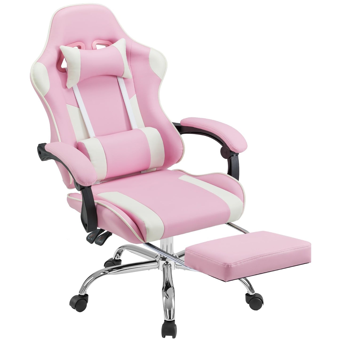 White Pink Gaming Chair with Footrest & Headrest, PU Leather Reclining Office Chair