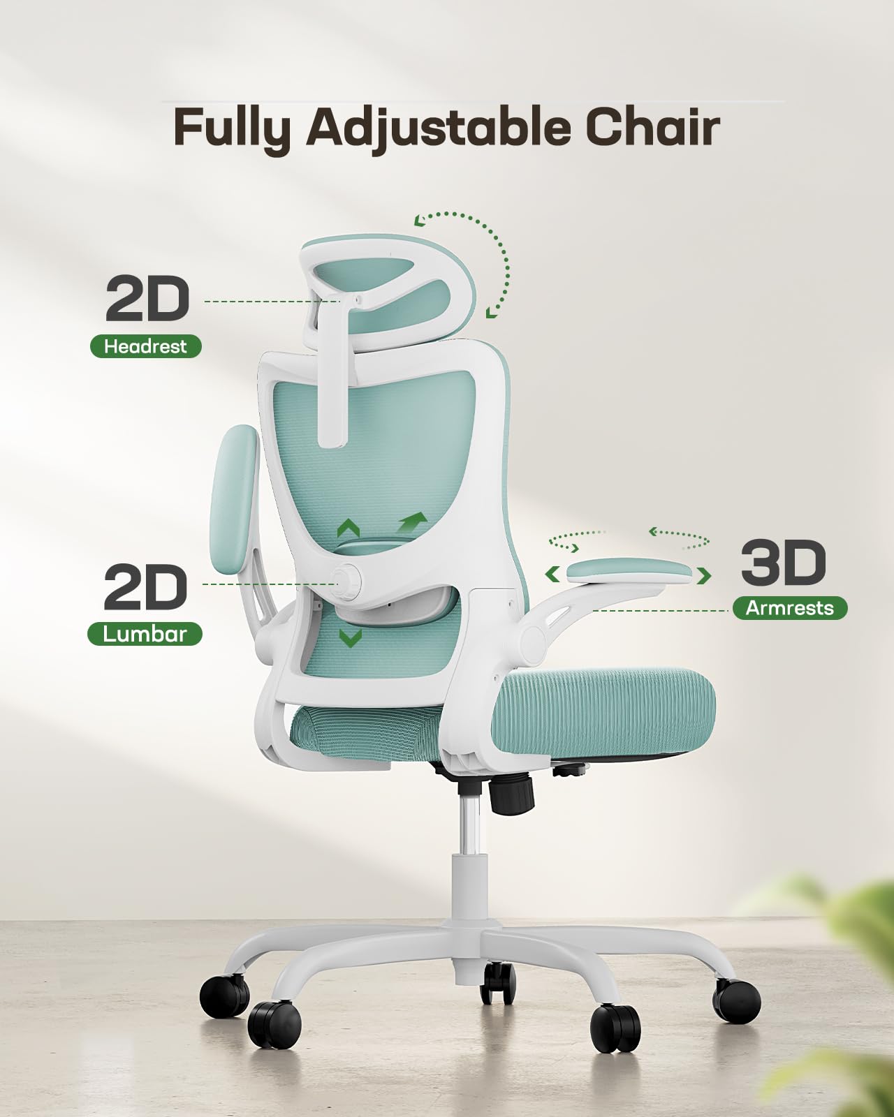 Ergonomic Office Chair with Mesh Back, Adjustable Lumbar Support, 3D Armrests & Headrest,