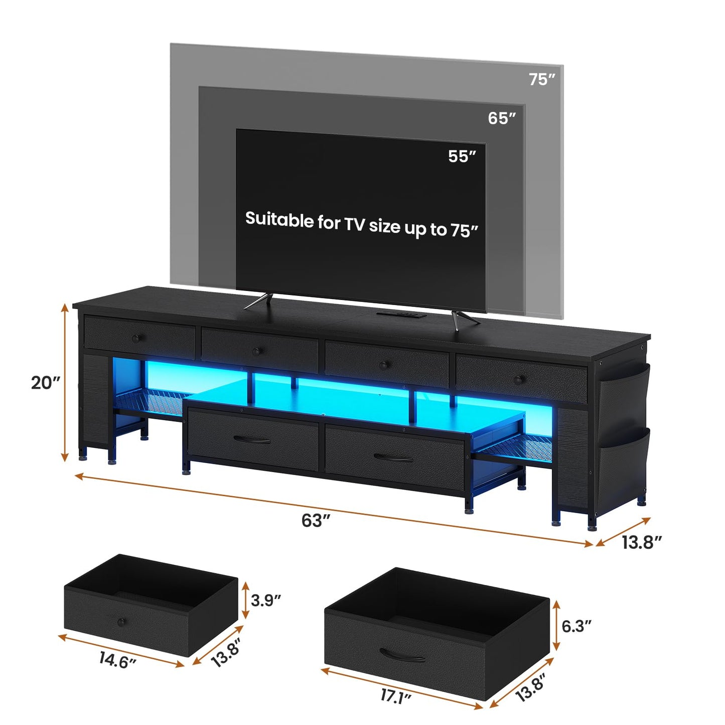 63" Rustic Brown LED TV Stand for 65–75 Inch TVs – Entertainment Center with Power Outlets,