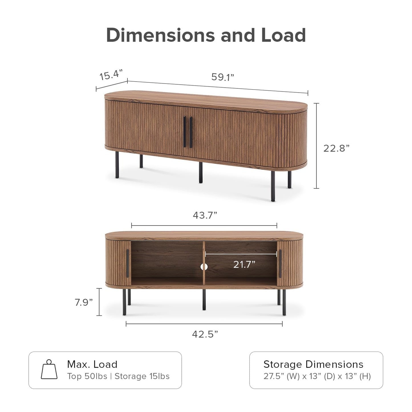 Mid-Century Modern TV Stand – 59" Walnut Entertainment Center for 55–65 Inch TVs,