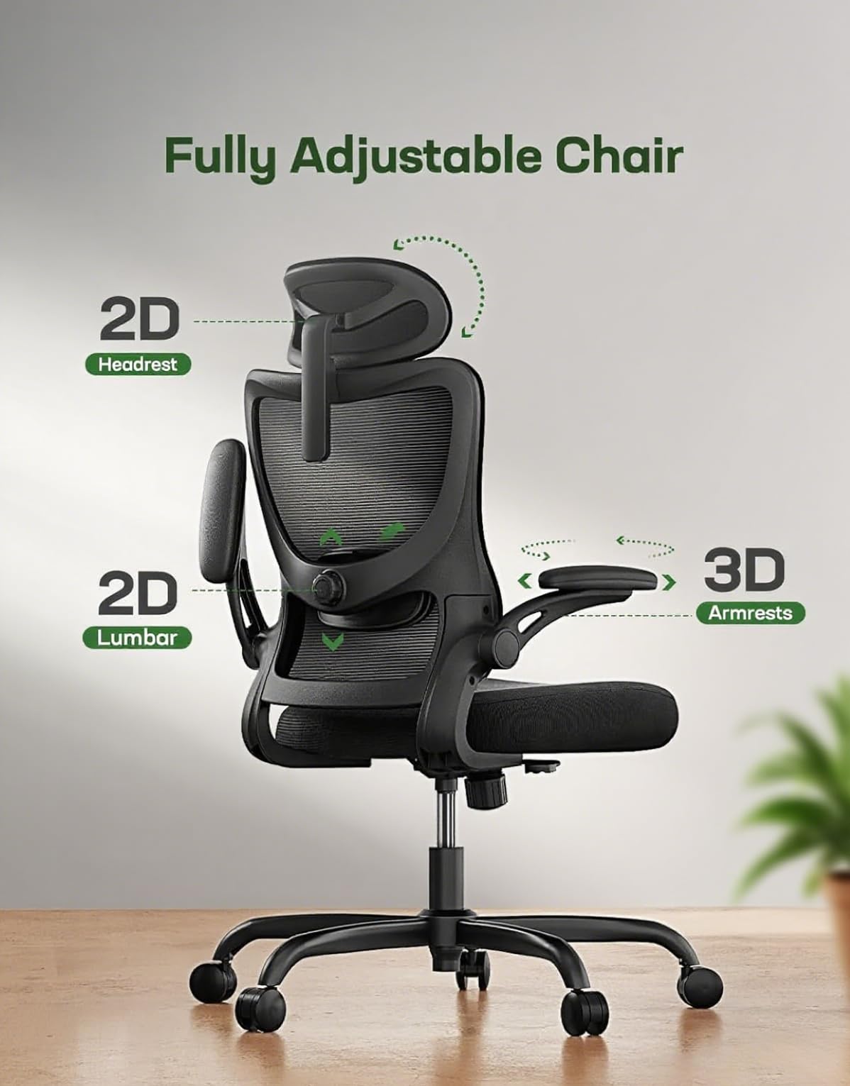 Ergonomic Office Chair with Mesh Back, Adjustable Lumbar Support, 3D Armrests & Headrest,