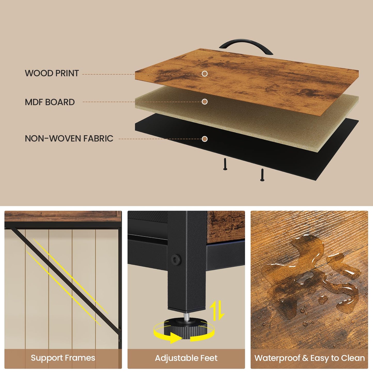 55" Rustic Brown TV Stand – LED Entertainment Center with Power Outlets, 6 PU Fabric Drawers