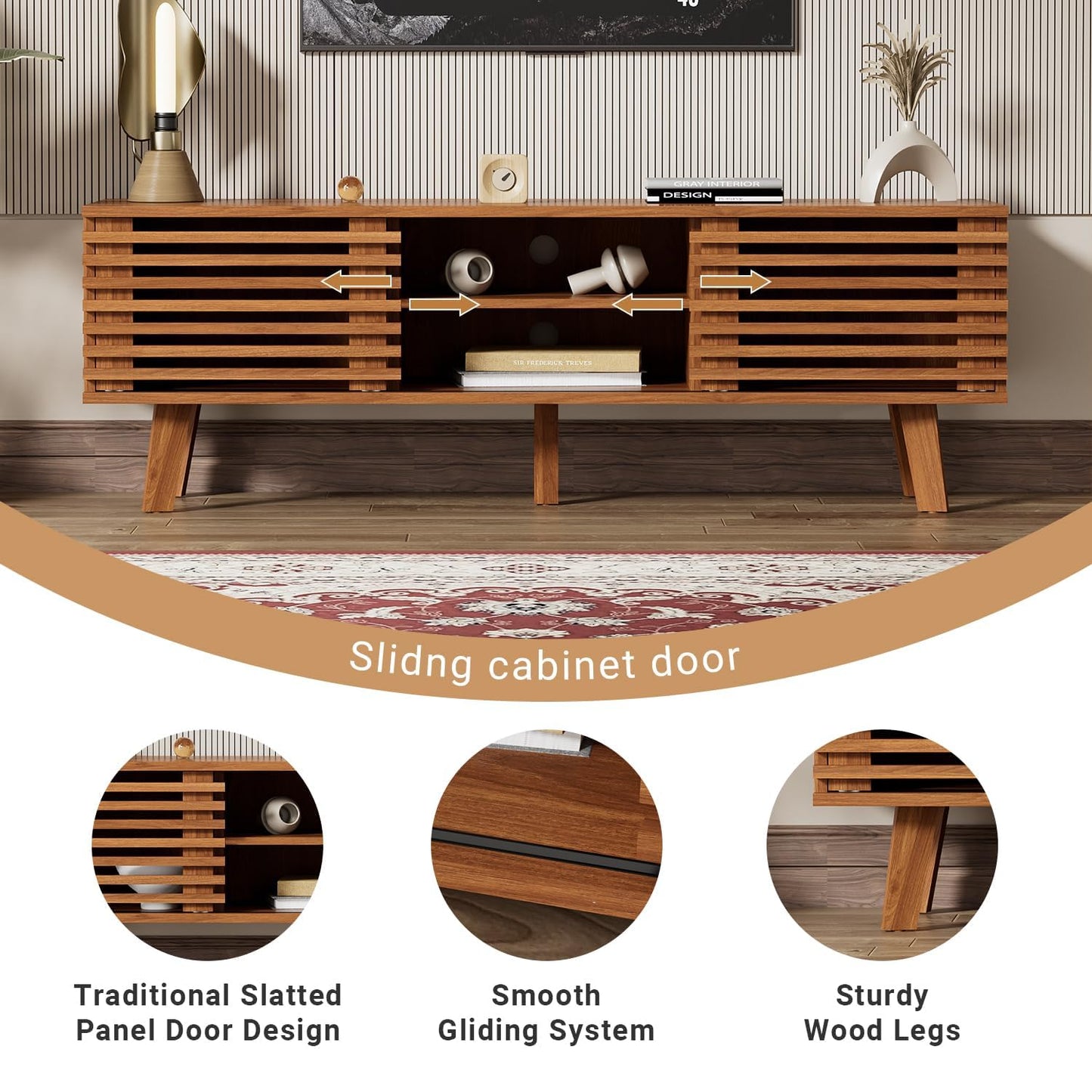 Modern Boho TV Stand for 55–65 Inch TVs – Entertainment Center with Sliding Doors & Storage