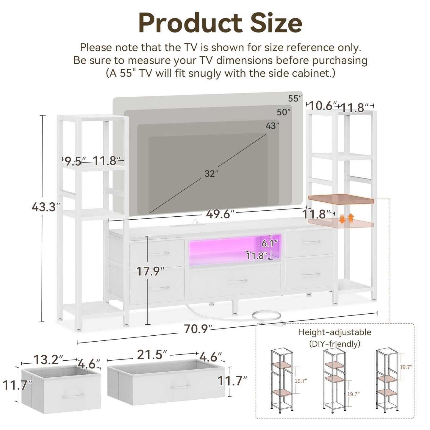 Black TV Stand with LED Lights & Power Outlets, 5 Drawer Entertainment Center for 40–50 Inch TVs