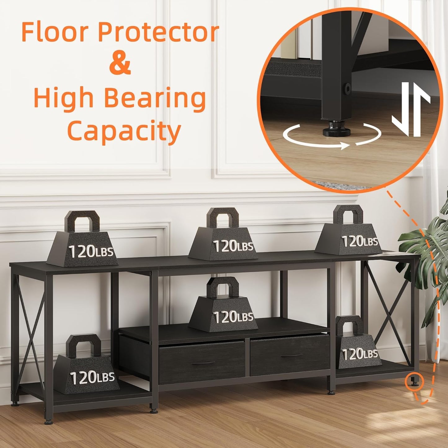 63" Rustic Brown TV Stand for 65–75 Inch TVs – Industrial Entertainment Center with Fabric Drawers