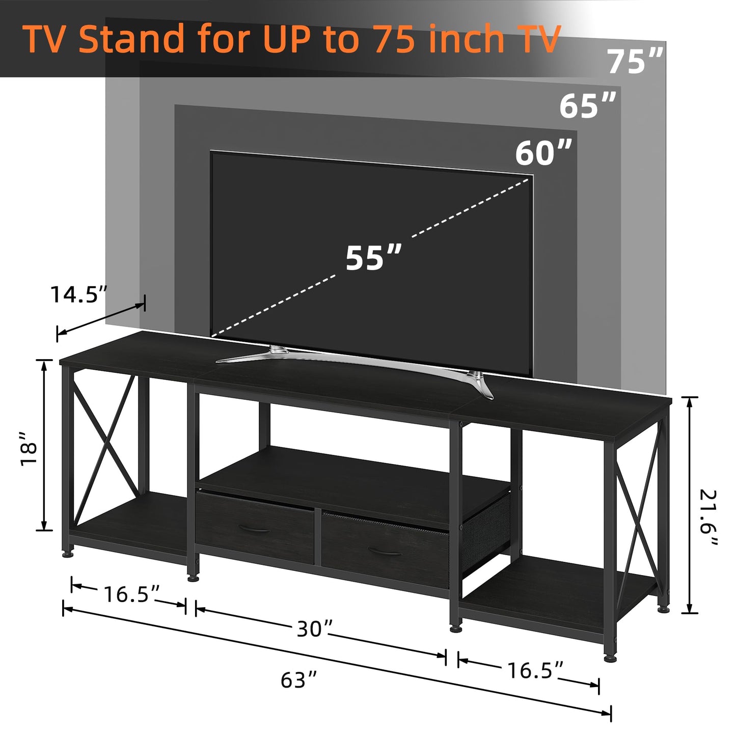 63" Rustic Brown TV Stand for 65–75 Inch TVs – Industrial Entertainment Center with Fabric Drawers