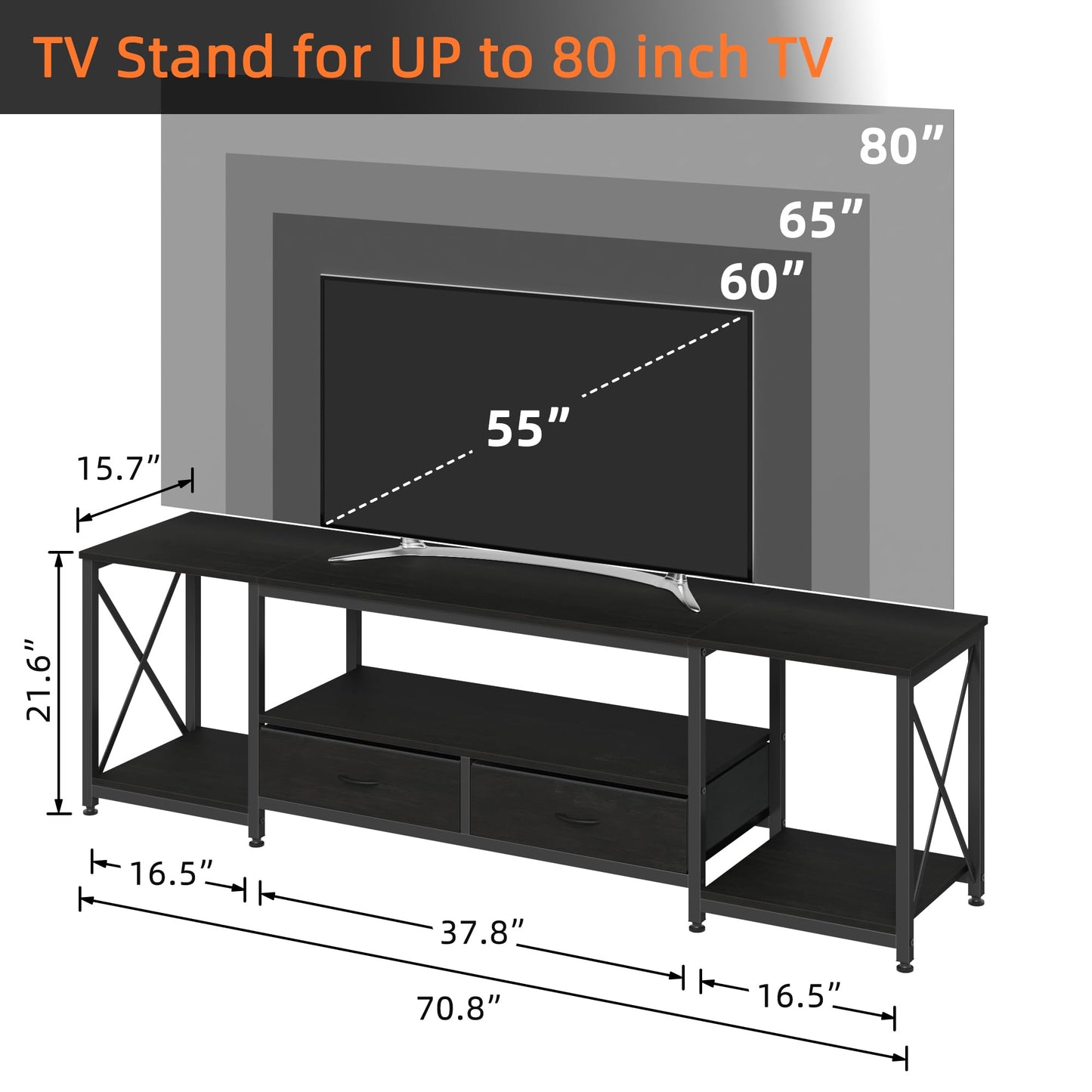 63" Rustic Brown TV Stand for 65–75 Inch TVs – Industrial Entertainment Center with Fabric Drawers