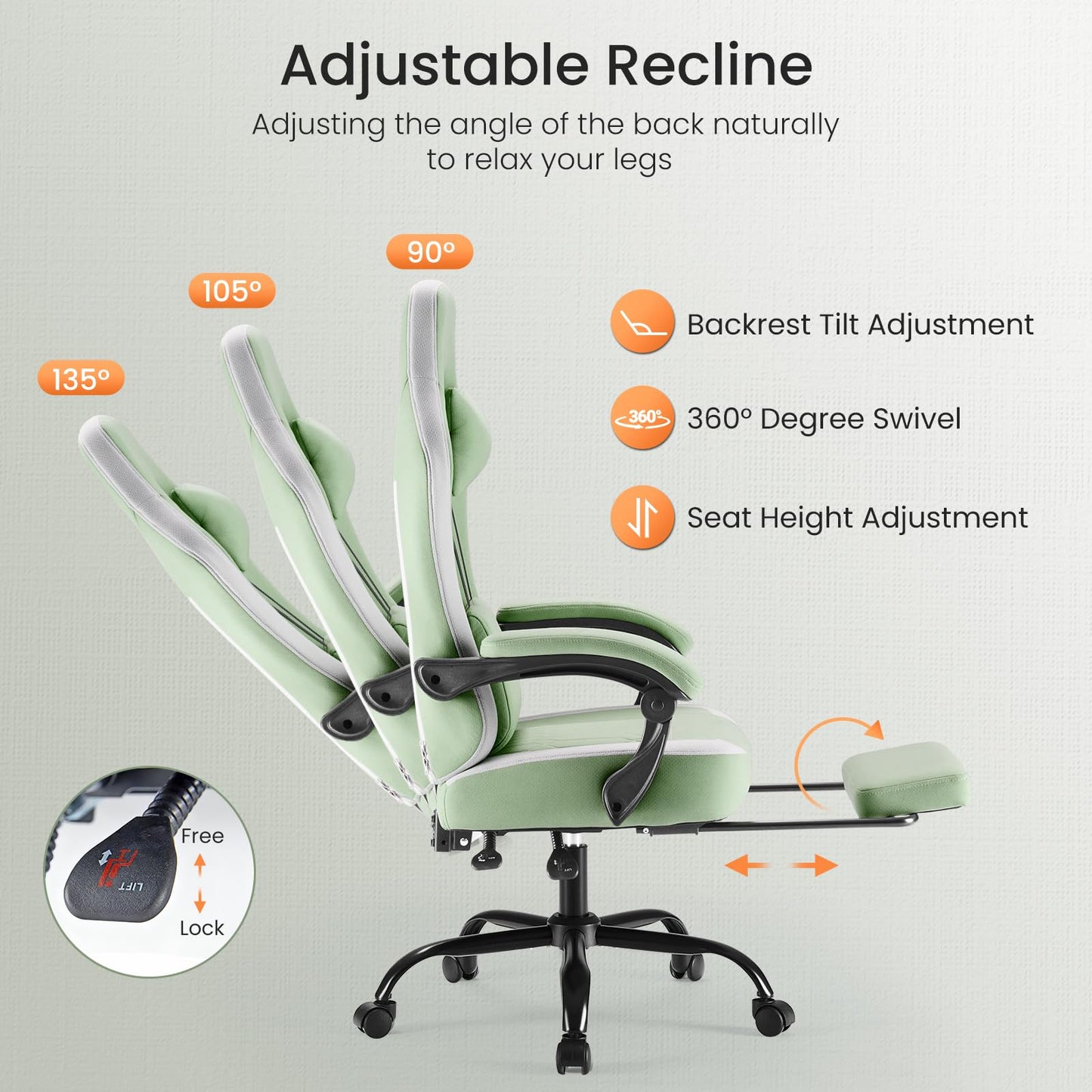 White Pink Gaming Chair with Footrest & Headrest, PU Leather Reclining Office Chair