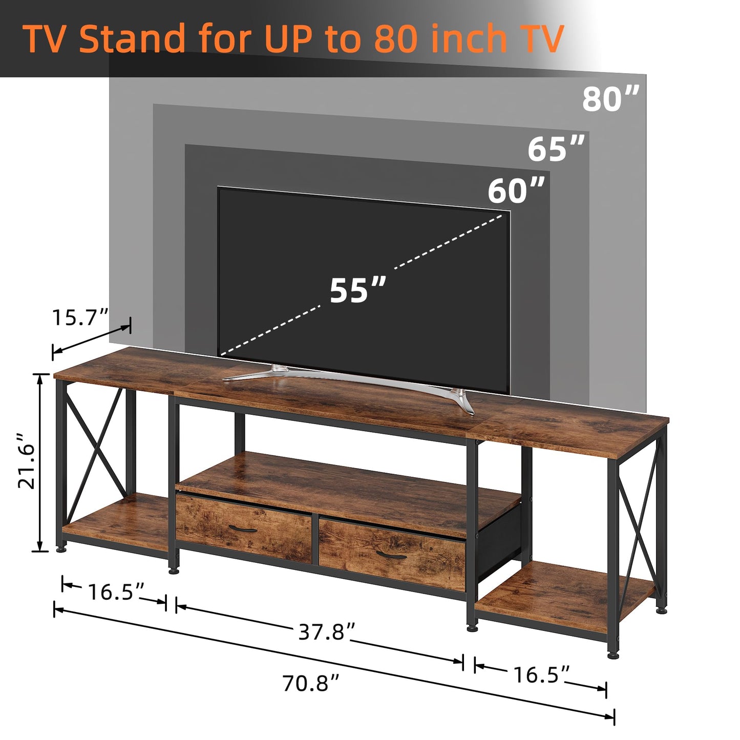 63" Rustic Brown TV Stand for 65–75 Inch TVs – Industrial Entertainment Center with Fabric Drawers